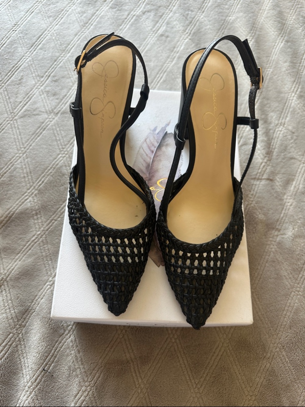 Jessica Simpson Black Woven Slingback Pointed-Toe Mules
